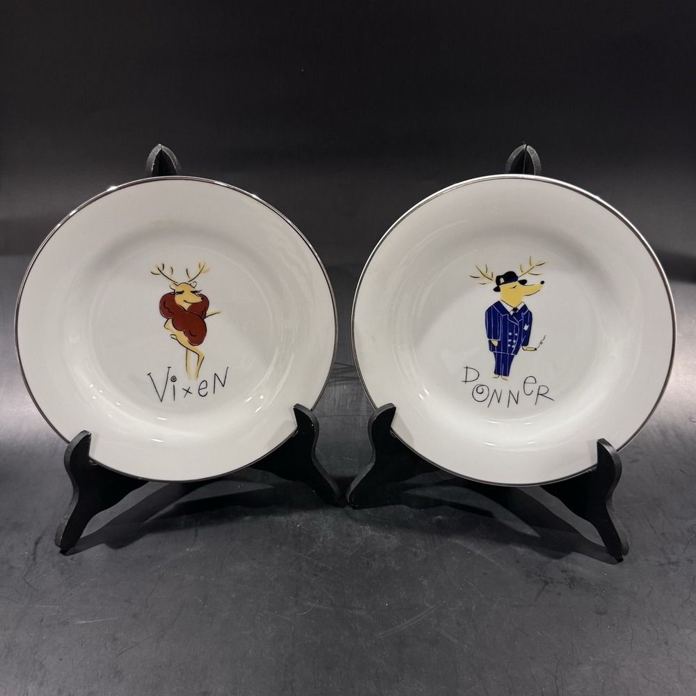 Pottery Barn Retired Reindeer 8.5" Platinum Rim Plate‎ Set Donner & Vixen